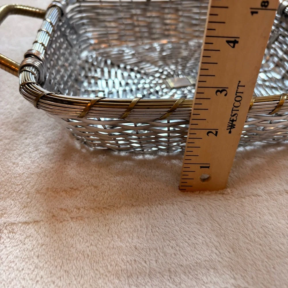 Woven Metal Square Serving Basket with Handles - Silver and Brass NWT